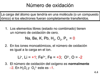 Número de oxidación
La carga del átomo que tendría en una molécula (o un compuesto 
iónico) si los electrones fueran completamente transferidos. 


  1. Los elementos libres (estado no combinado) tienen 
     un número de oxidación de cero.
               Na, Be, K, Pb, H2, O2, P4  = 0
  2. En los iones monoatómicos, el número de oxidación 
     es igual a la carga en el ion.

          Li+, Li = +1; Fe3+, Fe = +3;  O2-, O = -2
  3. El número de oxidación del oxígeno es normalmente
       –2. En H2O2 y  O22- este es –1. 
                                                           4.4
 