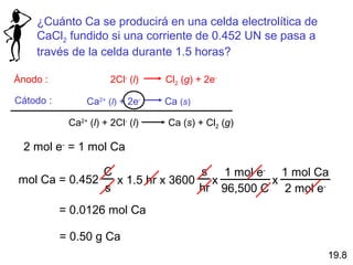 ¿Cuánto Ca se producirá en una celda electrolítica de
    CaCl2 fundido si una corriente de 0.452 UN se pasa a
    través de la celda durante 1.5 horas?

Ánodo :                2Cl- (l)   Cl2 (g) + 2e-

Cátodo :        Ca2+ (l) + 2e-    Ca (s)

            Ca2+ (l) + 2Cl- (l)   Ca (s) + Cl2 (g)

 2 mol e- = 1 mol Ca

               C                s 1 mol e- 1 mol Ca
mol Ca = 0.452   x 1.5 hr x 3600 x         x
               s                hr 96,500 C 2 mol e-
           = 0.0126 mol Ca

           = 0.50 g Ca
                                                            19.8
 