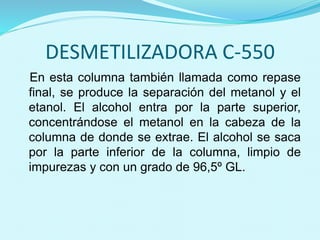 DESMETILIZADORA C-550 
En esta columna también llamada como repase 
final, se produce la separación del metanol y el 
etanol. El alcohol entra por la parte superior, 
concentrándose el metanol en la cabeza de la 
columna de donde se extrae. El alcohol se saca 
por la parte inferior de la columna, limpio de 
impurezas y con un grado de 96,5º GL. 
 
