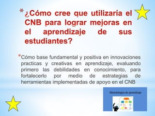 *
*Cómo base fundamental y positiva en innovaciones
practicas y creativas en aprendizaje, evaluando
primero las debilidades en conocimiento, para
fortalecerlo por medio de estrategias de
herramientas implementadas de apoyo en el CNB
 