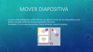 MOVER DIAPOSITIVA
• Cuando estés trabajando en PowerPoint y te quieras mover de una diapositiva a otra
desde el teclado utiliza las flechas Izquierda y Derecha.
Resultado: Te moverán hacia atrás y hacia adelante, respectivamente.
 