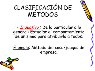 CLASIFICACIÓN DE
MÉTODOS
- Inductivo : De lo particular a lo
general: Estudiar el comportamiento
de un simio para atribuirlo a todos.
Ejemplo: Método del caso/juegos de
empresa.
 