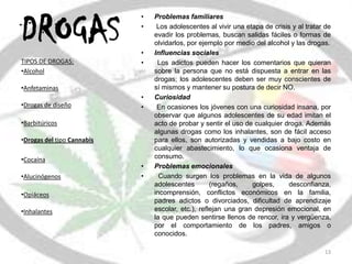 DROGAS
                            •   Problemas familiares
                            •    Los adolescentes al vivir una etapa de crisis y al tratar de
                                evadir los problemas, buscan salidas fáciles o formas de
                                olvidarlos, por ejemplo por medio del alcohol y las drogas.
                            •   Influencias sociales
TIPOS DE DROGAS:            •    Los adictos pueden hacer los comentarios que quieran
•Alcohol                        sobre la persona que no está dispuesta a entrar en las
                                drogas; los adolescentes deben ser muy conscientes de
•Anfetaminas                    sí mismos y mantener su postura de decir NO.
                            •   Curiosidad
•Drogas de diseño           •    En ocasiones los jóvenes con una curiosidad insana, por
                                observar que algunos adolescentes de su edad imitan el
•Barbitúricos                   acto de probar y sentir el uso de cualquier droga. Además
                                algunas drogas como los inhalantes, son de fácil acceso
•Drogas del tipo Cannabis       para ellos, son autorizadas y vendidas a bajo costo en
                                cualquier abastecimiento, lo que ocasiona ventaja de
•Cocaína                        consumo.
                            •   Problemas emocionales
•Alucinógenos               •     Cuando surgen los problemas en la vida de algunos
                                adolescentes        (regaños,    golpes,     desconfianza,
•Opiáceos                       incomprensión, conflictos económicos en la familia,
                                padres adictos o divorciados, dificultad de aprendizaje
•Inhalantes                     escolar, etc.), reflejan una gran depresión emocional, en
                                la que pueden sentirse llenos de rencor, ira y vergüenza,
                                por el comportamiento de los padres, amigos o
                                conocidos.

                                                                                          13
 