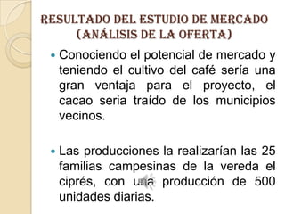 RESULTADO DEL ESTUDIO DE MERCADO
(Análisis de la oferta)


Conociendo el potencial de mercado y
teniendo el cultivo del café sería una
gran ventaja para el proyecto, el
cacao seria traído de los municipios
vecinos.



Las producciones la realizarían las 25
familias campesinas de la vereda el
ciprés, con una producción de 500
unidades diarias.

 