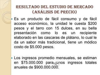 RESULTADO DEL ESTUDIO DE MERCADO
(Análisis de precio)


Es un producto de fácil consumo y de fácil
acceso económico, la unidad le cuesta $200
pesos y el tarro con 15 dulces, en su bella
presentación como lo es un recipiente
elaborado en las cascaras de plátano, lo cual le
da un sabor más tradicional, tiene un módico
costo de $5.000 pesos.



Los ingresos promedio mensuales, se estiman
en $75.000.000 para unos ingresos totales
anuales de $900.000.000.

 