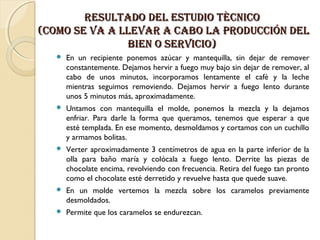 RESULTADO DEL ESTUDIO TÈCnICO
(COMO SE VA A LLEVAR A CABO LA pRODUCCIÓn DEL
BIEn O SERVICIO)


En un recipiente ponemos azúcar y mantequilla, sin dejar de remover
constantemente. Dejamos hervir a fuego muy bajo sin dejar de remover, al
cabo de unos minutos, incorporamos lentamente el café y la leche
mientras seguimos removiendo. Dejamos hervir a fuego lento durante
unos 5 minutos más, aproximadamente.



Untamos con mantequilla el molde, ponemos la mezcla y la dejamos
enfriar. Para darle la forma que queramos, tenemos que esperar a que
esté templada. En ese momento, desmoldamos y cortamos con un cuchillo
y armamos bolitas.



Verter aproximadamente 3 centímetros de agua en la parte inferior de la
olla para baño maría y colócala a fuego lento. Derrite las piezas de
chocolate encima, revolviendo con frecuencia. Retira del fuego tan pronto
como el chocolate esté derretido y revuelve hasta que quede suave.



En un molde vertemos la mezcla sobre los caramelos previamente
desmoldados.



Permite que los caramelos se endurezcan.

 
