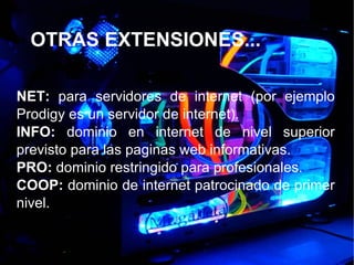 NET:  para servidores de internet (por ejemplo Prodigy es un servidor de internet). INFO:  dominio en internet de nivel superior previsto para las paginas web informativas. PRO:  dominio restringido para profesionales. COOP:  dominio de internet patrocinado de primer nivel.  OTRAS EXTENSIONES... 