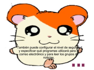 También puede configurar el nivel de seguridad y especificar qué programas utilizará para el correo electrónico y para leer los grupos de noticias. 
