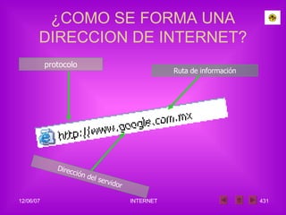 ¿COMO SE FORMA UNA DIRECCION DE INTERNET? protocolo Dirección del servidor Ruta de información 