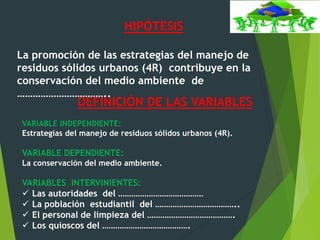 HIPÓTESIS
La promoción de las estrategias del manejo de
residuos sólidos urbanos (4R) contribuye en la
conservación del medio ambiente de
……………………………..
DEFINICIÓN DE LAS VARIABLES
VARIABLE INDEPENDIENTE:
Estrategias del manejo de residuos sólidos urbanos (4R).
VARIABLE DEPENDIENTE:
La conservación del medio ambiente.
VARIABLES INTERVINIENTES:
 Las autoridades del …………………………………
 La población estudiantil del ………………………………..
 El personal de limpieza del ………………………………….
 Los quioscos del ………………………………….
 