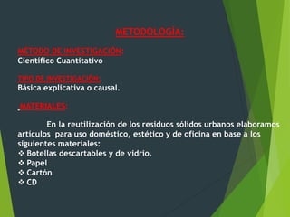 METODOLOGÍA:
MÉTODO DE INVESTIGACIÓN:
Científico Cuantitativo
TIPO DE INVESTIGACIÓN:
Básica explicativa o causal.
MATERIALES:
En la reutilización de los residuos sólidos urbanos elaboramos
artículos para uso doméstico, estético y de oficina en base a los
siguientes materiales:
 Botellas descartables y de vidrio.
 Papel
 Cartón
 CD
 