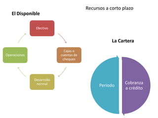Efectivo
Cajas o
cuentas de
cheques
Desarrollo
normal
Operaciones
Recursos a corto plazo
El Disponible
Cobranza
a crédito
Periodo
La Cartera
 