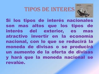 TIPOS DE INTERES
Si los tipos de interés nacionales
son mas altos que los tipos de
interés   del  exterior,  es   mas
atractivo invertir en la economía
nacional, con lo que se reducirá la
moneda de divisas o se producirá
un aumento de la oferta de divisas
y hará que la moneda nacional se
revalúe.
 