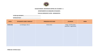 COLEGIO MENOR UNIVERSIDAD CENTRAL DEL ECUADOR – 2.
DEPARTAMENTO DE CONSEJERÍA ESTUDIANTIL
FICHA DE ENTREVISTA TUTOR – REPRESENTATE.
TUTOR QUE REPORTA:………………………………………………………
REPRESENTANTE:………………………………………………………………
FECHA ESTUDIANTE-CURSO -PARALELO PROBLEMA DETECTADO ACUERDOS FIRMA
09-09-2015 Luis Rodriguez 8vo A Omite letras Indaga de dificultades
anteriores - seguimiento
FIRMA DEL TUTOR DE AULA
 