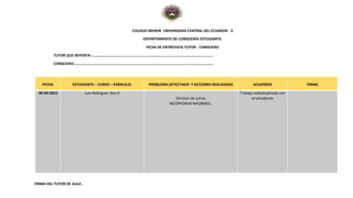 COLEGIO MENOR UNIVERSIDAD CENTRAL DEL ECUADOR - 3
DEPARTAMENTO DE CONSEJERÍA ESTUDIANTIL
FICHA DE ENTREVISTA TUTOR - CONSEJERO
TUTOR QUE REPORTA :………………………………………………………………………………………………………………
CONSEJERO:……………………………………………………………………………………………………………………………….
FECHA ESTUDIANTE – CURSO – PARALELO. PROBLEMA DETECTADO Y ACCIONES REALIZADAS ACUERDOS FIRMA
09-09-2015 Luis Rodriguez 8vo A
Omisión de Letras
INCORPORAR INFORMES..
Trabajo individualizado con
el estudiante
FIRMA DEL TUTOR DE AULA .
 