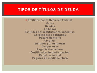 TIPOS DE TÍTULOS DE DEUDA
 Emitidos por el Gobierno Federal
Cetes
Bondes
Udibonos
Emitidos por instituciones bancarias
Aceptaciones bancarias
Pagaré bancario
Credibur
Emitidos por empresas
Obligaciones
Pagarés financieros
Certificados de participación
Papel comercial
Pagarés de mediano plazo

 