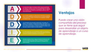 Mtro. Juan Jacobo Arredondo Banda
Ventajas
Puede crear una visión
compartida del proceso
que se tiene que seguir
para desarrollar un objeto
de aprendizaje o un curso
de aprendizaje.
 