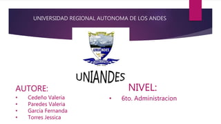 UNIVERSIDAD REGIONAL AUTONOMA DE LOS ANDES
AUTORE:
• Cedeño Valeria
• Paredes Valeria
• García Fernanda
• Torres Jessica
NIVEL:
• 6to. Administracion
 
