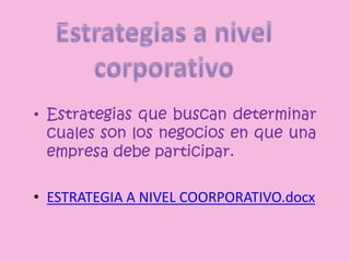 Estrategias a nivelcorporativoEstrategias que buscan determinar cuales son los negocios en que una empresa debe participar.ESTRATEGIA A NIVEL COORPORATIVO.docx