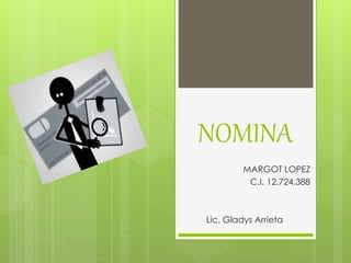 NOMINA
MARGOT LOPEZ
C.I. 12.724.388
Lic. Gladys Arrieta
 