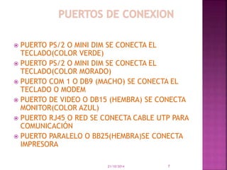  PUERTO PS/2 O MINI DIM SE CONECTA EL 
TECLADO(COLOR VERDE) 
 PUERTO PS/2 O MINI DIM SE CONECTA EL 
TECLADO(COLOR MORADO) 
 PUERTO COM 1 O DB9 (MACHO) SE CONECTA EL 
TECLADO O MODEM 
 PUERTO DE VIDEO O DB15 (HEMBRA) SE CONECTA 
MONITOR(COLOR AZUL) 
 PUERTO RJ45 O RED SE CONECTA CABLE UTP PARA 
COMUNICACIÓN 
 PUERTO PARALELO O BB25(HEMBRA)SE CONECTA 
IMPRESORA 
21/10/2014 7 
 