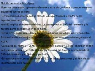 Opinión personal sobre el planNosotros como equipo opinamos referente a este plan, y damos a conocer nuestros siguientes puntos de vista:Estados Unidos absorbe casi el 60% de las exportaciones y el 64% de las importaciones del área.