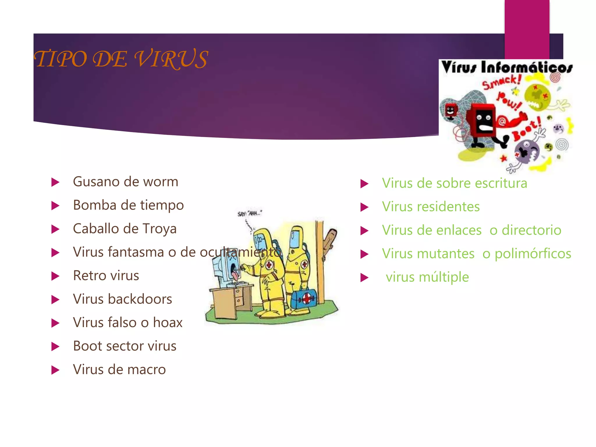 TIPO DE VIRUS
 Gusano de worm
 Bomba de tiempo
 Caballo de Troya
 Virus fantasma o de ocultamiento
 Retro virus
 Virus backdoors
 Virus falso o hoax
 Boot sector virus
 Virus de macro
 Virus de sobre escritura
 Virus residentes
 Virus de enlaces o directorio
 Virus mutantes o polimórficos
 virus múltiple
 