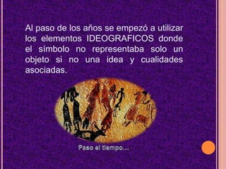 Al paso de los años se empezó a utilizar los elementos IDEOGRAFICOS donde el símbolo no representaba solo un objeto si no una idea y cualidades asociadas.Paso el tiempo…