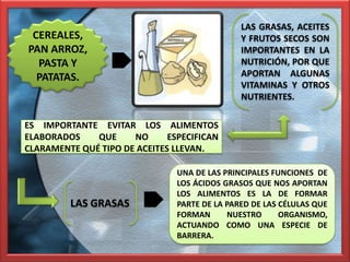 LAS GRASAS, ACEITES
 CEREALES,                                     Y FRUTOS SECOS SON
PAN ARROZ,                                     IMPORTANTES EN LA
  PASTA Y                                      NUTRICIÓN, POR QUE
  PATATAS.                                     APORTAN ALGUNAS
                                               VITAMINAS Y OTROS
                                               NUTRIENTES.

ES IMPORTANTE EVITAR LOS ALIMENTOS
ELABORADOS    QUE     NO      ESPECIFICAN
CLARAMENTE QUÉ TIPO DE ACEITES LLEVAN.

                                UNA DE LAS PRINCIPALES FUNCIONES DE
                                LOS ÁCIDOS GRASOS QUE NOS APORTAN
                                LOS ALIMENTOS ES LA DE FORMAR
         LAS GRASAS             PARTE DE LA PARED DE LAS CÉLULAS QUE
                                FORMAN      NUESTRO      ORGANISMO,
                                ACTUANDO COMO UNA ESPECIE DE
                                BARRERA.
 