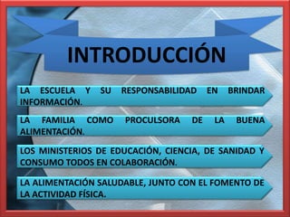 INTRODUCCIÓN
LA ESCUELA Y    SU   RESPONSABILIDAD    EN    BRINDAR
INFORMACIÓN.
LA FAMILIA COMO      PROCULSORA    DE    LA    BUENA
ALIMENTACIÓN.
LOS MINISTERIOS DE EDUCACIÓN, CIENCIA, DE SANIDAD Y
CONSUMO TODOS EN COLABORACIÓN.

LA ALIMENTACIÓN SALUDABLE, JUNTO CON EL FOMENTO DE
LA ACTIVIDAD FÍSICA.
 