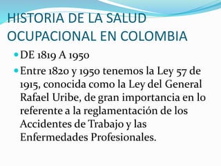 HISTORIA DE LA SALUD
OCUPACIONAL EN COLOMBIA
DE 1819 A 1950
Entre 1820 y 1950 tenemos la Ley 57 de
1915, conocida como la Ley del General
Rafael Uribe, de gran importancia en lo
referente a la reglamentación de los
Accidentes de Trabajo y las
Enfermedades Profesionales.
 