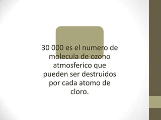 30 000 es el numero de
  molecula de ozono
   atmosferico que
pueden ser destruidos
  por cada atomo de
        cloro.
 