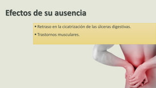 Efectos de su ausencia
 Retraso en la cicatrización de las úlceras digestivas.
 Trastornos musculares.
Efectos de su ausencia
 