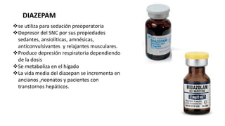 DIAZEPAM
se utiliza para sedación preoperatoria
Depresor del SNC por sus propiedades
sedantes, ansiolíticas, amnésicas,
anticonvulsivantes y relajantes musculares.
Produce depresión respiratoria dependiendo
de la dosis
Se metaboliza en el hígado
La vida media del diazepan se incrementa en
ancianos ,neonatos y pacientes con
transtornos hepáticos.
 