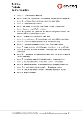 Training
Projects
Connecting Dots
TANQUES DE ALMACENAMIENTO, PARTE I - Instructor Javier Tirenti…………………… ……Pág. 12
 Anexo EC: comentarios al Anexo E.
 Anexo F:diseño de tanques para presiones de diseño internas pequeñas.
 Anexo G: techos de aluminio estructuralmente soportados.
 Anexo H: techos flotantes internos.
 Anexo I: detección de pérdidas en el fondo y protección de camas.
 Anexo J: tanques ensamblados en taller.
 Anexo K: ejemplos de aplicación del método del punto variable para
determinar el espesor de la envolvente.
 Anexo L: hoja de datos de acuerdo a API 650.
 Anexo M: requerimientos de tanques operando a elevada temperatura.
 Anexo N: utilización de materiales nuevos no identificados.
 Anexo O: recomendaciones para conexiones debajo del tanque.
 Anexo P: cargas externas admisibles para conexiones en la envolvente.
 Anexo S: tanques de almacenamiento fabricados con acero inoxidable
austenítico.
 Anexo SC: tanques de almacenamiento fabricados con acero inoxidable
y acero al carbono.
 Anexo T: sumario de requerimientos de ensayos no destructivos.
 Anexo U: examen ultrasónico en lugar de examen radiográfico.
 Anexo V: diseño de tanques de almacenamiento para presión exterior.
 Anexo W: recomendaciones comerciales y de documentación.
 Anexo X: tanques de almacenamiento fabricados con acero dúplex.
 Anexo Y: Nomograma API.
 