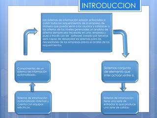 INTRODUCCION 
Los sistemas de información estarán enfocados a 
cubrir todos los requerimientos de la empresa de 
manera que pueda servir a los usuarios y satisfacer a 
los criterios de los niveles gerenciales un analista de 
sistema siempre sea necesario en una empresa y 
pues a través uso de software creado por terceros 
será capaz de desarrollar los sistemas para las 
necesidades de las empresas previo el análisis de los 
requerimientos. 
Componentes de un 
sistema de información 
automatizado. 
Sistema de información 
automatizado sistemas y 
cuenta con equipos 
eléctricos. 
Sistemas conjunto 
de elemento que 
inter actúan entre si. 
Sistema de información 
tiene una serie de 
entradas lo que produce 
una serie de salidas- 
 
