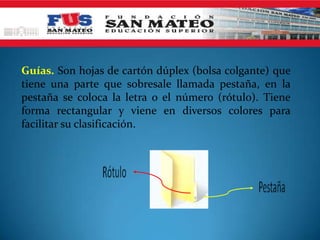 Guías. Son hojas de cartón dúplex (bolsa colgante) que
tiene una parte que sobresale llamada pestaña, en la
pestaña se coloca la letra o el número (rótulo). Tiene
forma rectangular y viene en diversos colores para
facilitar su clasificación.
 