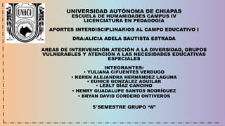 UNIVERSIDAD AUTÓNOMA DE CHIAPAS
ESCUELA DE HUMANIDADES CAMPUS IV
LICENCIATURA EN PEDAGOGÍA
APORTES INTERDISCIPLINARIOS AL CAMPO EDUCATIVO I
DRA:ALICIA ADELA BAUTISTA ESTRADA
AREAS DE INTERVENCIÓN ATECIÓN A LA DIVERSIDAD, GRUPOS
VULNERABLES Y ATENCIÓN A LAS NECESIDADES EDUCATIVAS
ESPECIALES
INTEGRANTES:
• YULIANA CIFUENTES VERDUGO
• KEREN ALEJANDRA HERNÁNDEZ LAGUNA
• EUNICE GONZÁLEZ AGUILAR
• LESLY DÍAZ CANCINO
• HENRY GUADALUPE SANTOS RODRÍGUEZ
• BRYAN DAVID CORDERO ONTIVEROS
5°SEMESTRE GRUPO “A”
 