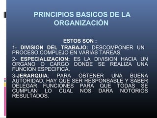 PRINCIPIOS BASICOS DE LA
           ORGANIZACIÓN

                 ESTOS SON :
1- DIVISION DEL TRABAJO: DESCOMPONER UN
PROCESO COMPLEJO EN VARIAS TAREAS.
2- ESPECIALIZACION: ES LA DIVISION HACIA UN
ORGANO O CARGO DONDE SE REALIZA UNA
FUNCION ESPECIFICA.
3-JERARQUIA: PARA OBTENER UNA BUENA
AUTORIDAD, HAY QUE SER RESPONSABLE Y SABER
DELEGAR FUNCIONES PARA QUE TODAS SE
CUMPLAN LO CUAL NOS DARA NOTORIOS
RESULTADOS.
 