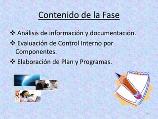 Contenido de la Fase
 Análisis de información y documentación.
 Evaluación de Control Interno por
 Componentes.
 Elaboración de Plan y Programas.




                                             19
 