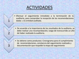 ACTIVIDADES
    • Efectuar el seguimiento inmediato a la terminación de la
      auditoria, para comprobar la recepción de las recomendaciones
1     dadas a la entidad auditada.


    • De acuerdo a la importancia de los resultados de la auditoria, se
      debe realizar una recomprobaciòn, luego de transcurrido un año
2     de haber realizado la auditoria.


    • Se obtiene como productos: Cronograma para el cumplimiento
      de recomendaciones, constancia del seguimiento realizado y
3     documentación que respalde la etapa de seguimiento



                                                                     46
 