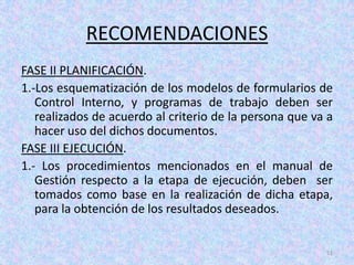 RECOMENDACIONES
FASE II PLANIFICACIÓN.
1.-Los esquematización de los modelos de formularios de
   Control Interno, y programas de trabajo deben ser
   realizados de acuerdo al criterio de la persona que va a
   hacer uso del dichos documentos.
FASE III EJECUCIÓN.
1.- Los procedimientos mencionados en el manual de
   Gestión respecto a la etapa de ejecución, deben ser
   tomados como base en la realización de dicha etapa,
   para la obtención de los resultados deseados.


                                                         51
 