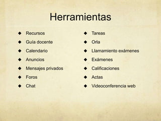 Herramientas 
 Recursos 
 Guía docente 
 Calendario 
 Anuncios 
 Mensajes privados 
 Foros 
 Chat 
 Tareas 
 Orla 
 Llamamiento exámenes 
 Exámenes 
 Calificaciones 
 Actas 
 Videoconferencia web 
