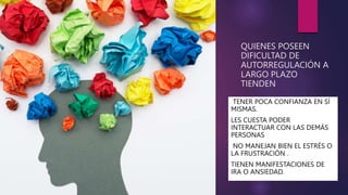 QUIENES POSEEN
DIFICULTAD DE
AUTORREGULACIÓN A
LARGO PLAZO
TIENDEN
TENER POCA CONFIANZA EN SÍ
MISMAS.
LES CUESTA PODER
INTERACTUAR CON LAS DEMÁS
PERSONAS
NO MANEJAN BIEN EL ESTRÉS O
LA FRUSTRACIÓN .
TIENEN MANIFESTACIONES DE
IRA O ANSIEDAD.
 