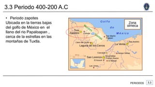 3.3 Periodo 400-200 A.C
• Periodo zapotes
Ubicada en la tierras bajas
del golfo de México en el
llano del rio Papaloapan ,
cerca de la estrellas en las
montañas de Tuxtla.
PERIODOS
 