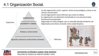 4.1 Organización Social.
ORGANIZACION
GOBERNANTES
SACERDOTE Y SABIOS
Artistas y comerciantes
Agrícolas artesanos constructores sirvientes
Superiores
Inferiores
Los de organización social superior tienen mas privilegios y vivian en los
centros ceremoniales.
Los de organización social inferiores que vivian en aldeas.
Su organización era altamente centralizada en una estructura base
fuertemente jerarquizada.
Organizada en tribos dirigidas por un solo jefe llamada chicheme call
Organizada comunitaria conocida como ciudad dispersa.
UNIVERCIDA AUTÓNOMA GABRIEL RENE MORENO
FACULTAD DE CIENCIA DE HÁBITAT DISEÑO Y ARTE
 