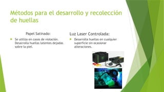 Métodos para el desarrollo y recolección
de huellas
Papel Satinado:
 Se utiliza en casos de violación.
Desarrolla huellas latentes dejadas
sobre la piel.
Luz Laser Controlada:
 Desarrolla huellas en cualquier
superficie sin ocasionar
alteraciones.
 