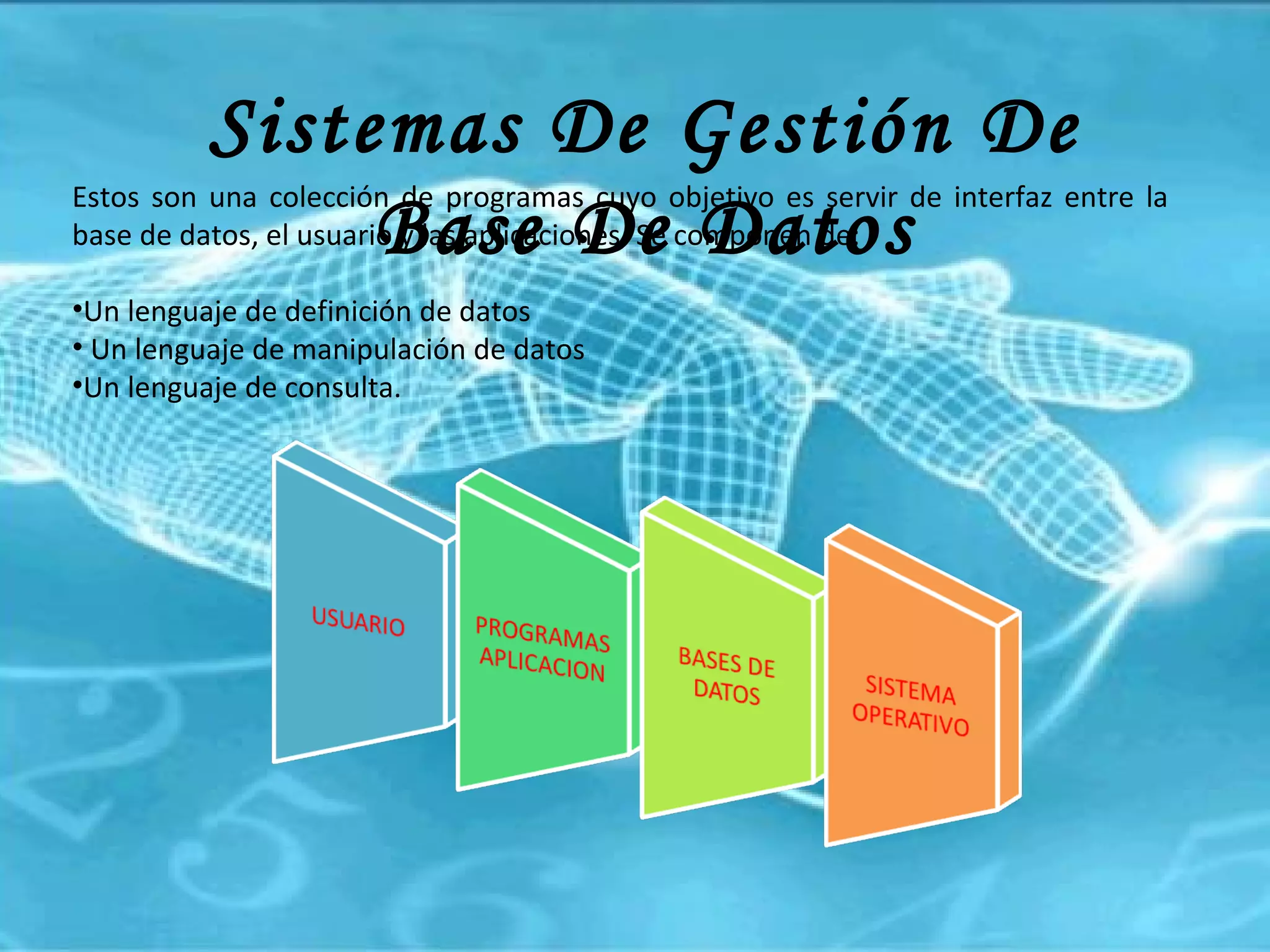 Sistemas De Gestión De Base De Datos Estos son una colección de programas cuyo objetivo es servir de interfaz entre la base de datos, el usuario y las aplicaciones. Se componen de: Un lenguaje de definición de datos Un lenguaje de manipulación de datos Un lenguaje de consulta.  