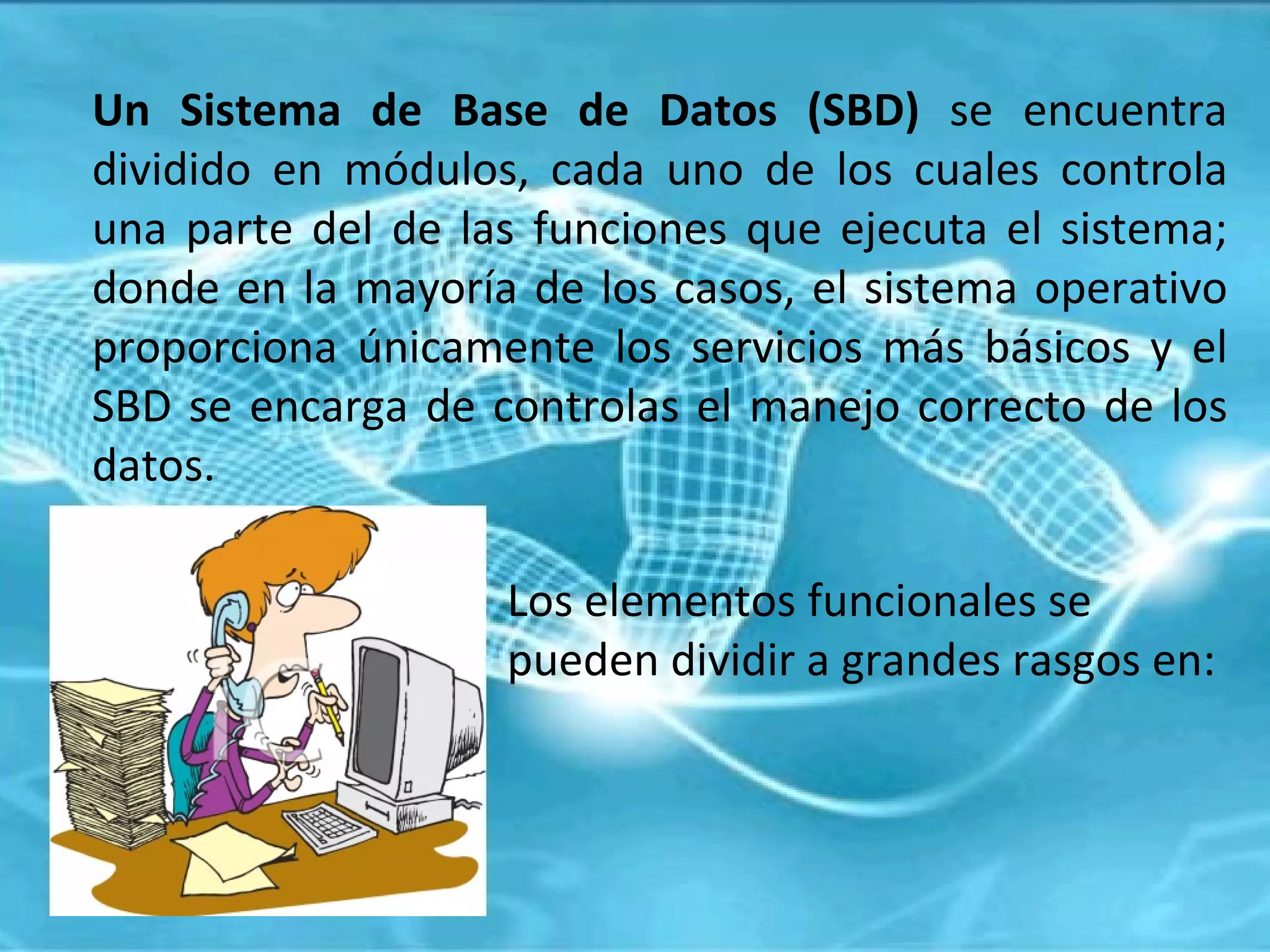 Un Sistema de Base de Datos (SBD)  se encuentra dividido en módulos, cada uno de los cuales controla una parte del de las funciones que ejecuta el sistema; donde en la mayoría de los casos, el sistema operativo proporciona únicamente los servicios más básicos y el SBD se encarga de controlas el manejo correcto de los datos.  Los elementos funcionales se pueden dividir a grandes rasgos en: 