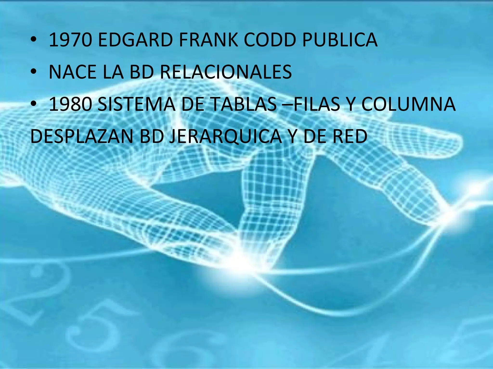 1970 EDGARD FRANK CODD PUBLICA  NACE LA BD RELACIONALES 1980 SISTEMA DE TABLAS –FILAS Y COLUMNA DESPLAZAN BD JERARQUICA Y DE RED 